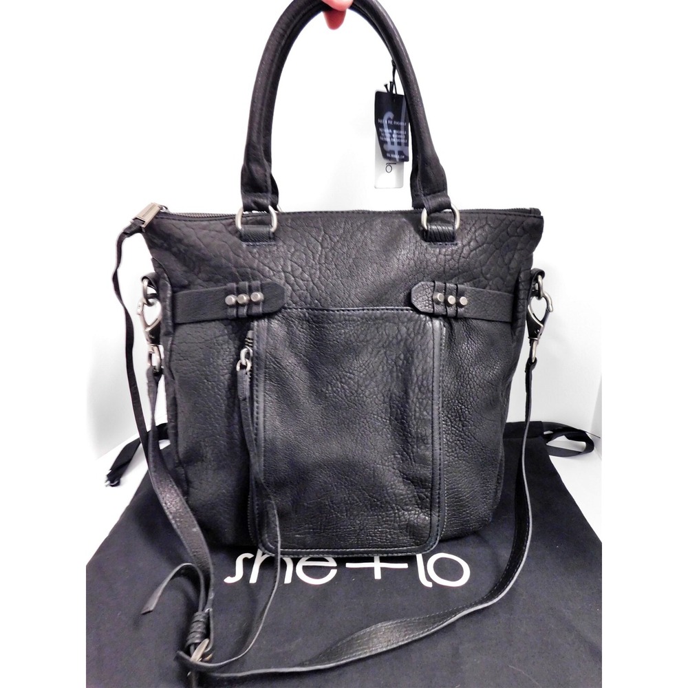 New She+Lo Lookin Up Black Textured Leather Tote Crossbody Bag